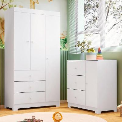 Conjunto Infantil Guarda Roupa Ceci 3 Portas Giratórias e Cômoda 3 Gavetas MDF Branco Sallar Home