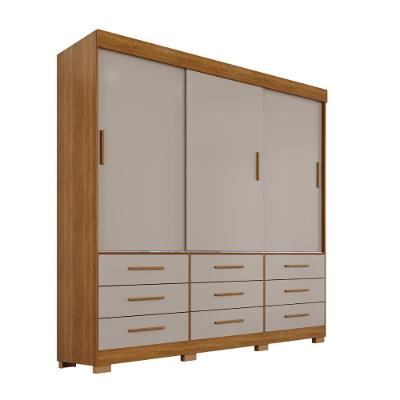Guarda Roupa Casal Montreal 3 Portas de Bater 9 Gavetas MDF Cinamomo-off 180CM
