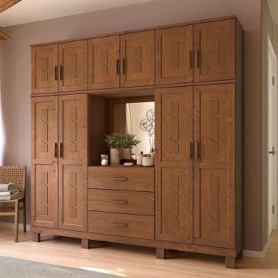 Guarda Roupa Casal Lorie F06 10 Portas de Bater 3 Gavetas Madeira Maciça com Espelho Castanho Lyam