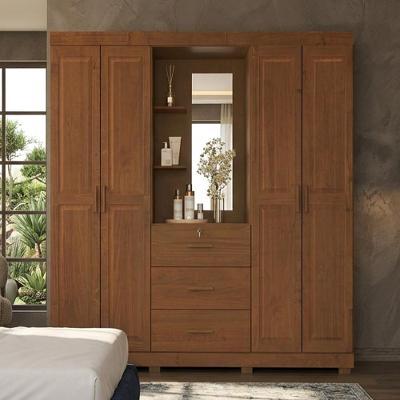 Guarda Roupa Casal Selena 4 Portas de Bater 3 Gavetas Madeira Maciça Castanho Lyam Decor
