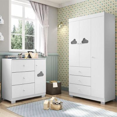 Conjunto Infantil Duda 3 Portas Giratórias 3 Gavetas MDF Branco Brilho Sallar Home