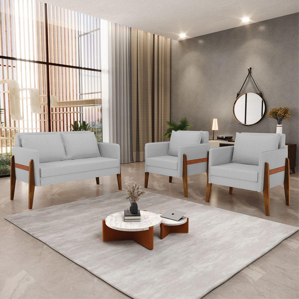 Kit 1 Sofá Namoradeira E 2 Poltronas Lana Linho Cinza A05 Base De Madeira - D'rossi - 7