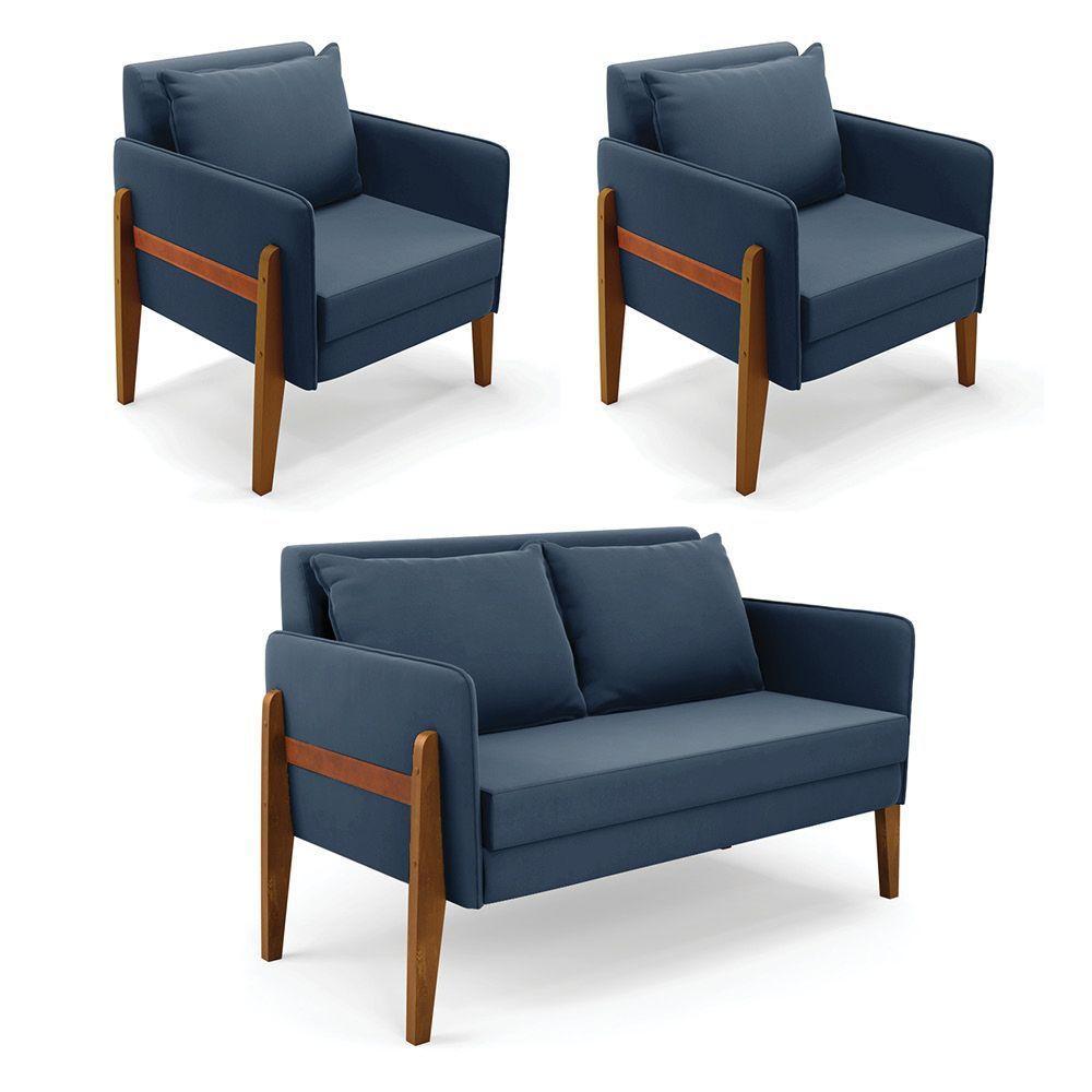 Kit 1 Sofá Namoradeira E 2 Poltronas Lana Suede Base De Madeira - D'rossi Cor Azul Marinho - 1