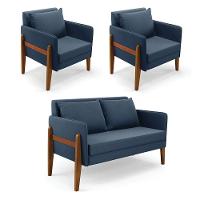 Kit 1 Sofá Namoradeira E 2 Poltronas Lana Suede Base De Madeira - D'rossi Cor Azul Marinho - 1