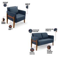 Kit 1 Sofá Namoradeira E 2 Poltronas Lana Suede Base De Madeira - D'rossi Cor Azul Marinho