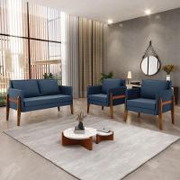 Kit 1 Sofá Namoradeira E 2 Poltronas Lana Suede Base De Madeira - D'rossi Cor Azul Marinho - 7