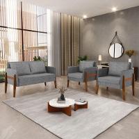 Kit 1 Sofá Namoradeira E 2 Poltronas Lana Linho Grafite A26 Base De Madeira - D'rossi - 7