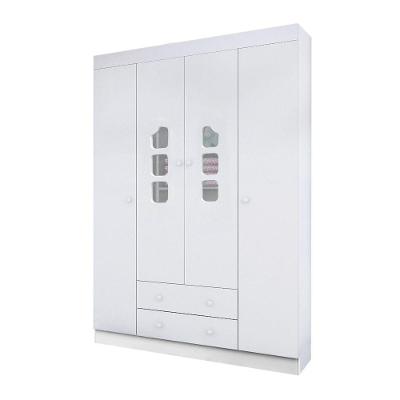 Guarda Roupa Infantil Lina 4 Portas de Bater 2 Gavetas MDF Branco Brilho Lina
