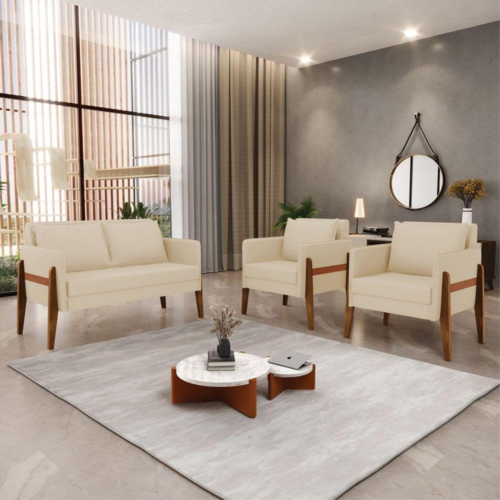 Kit 1 Sofá Namoradeira E 2 Poltronas Lana Linho Base De Madeira - D'rossi Cor A19 Bege - 8