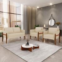 Kit 1 Sofá Namoradeira E 2 Poltronas Lana Linho Base De Madeira - D'rossi Cor A19 Bege - 8