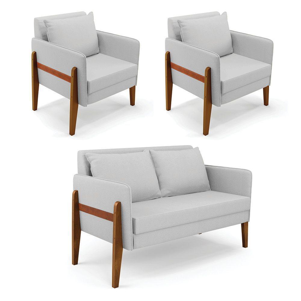 Kit 1 Sofá Namoradeira E 2 Poltronas Lana Linho Base De Madeira - D'rossi Cor A05 Cinza - 1