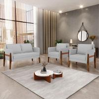 Kit 1 Sofá Namoradeira E 2 Poltronas Lana Linho Base De Madeira - D'rossi Cor A05 Cinza - 7