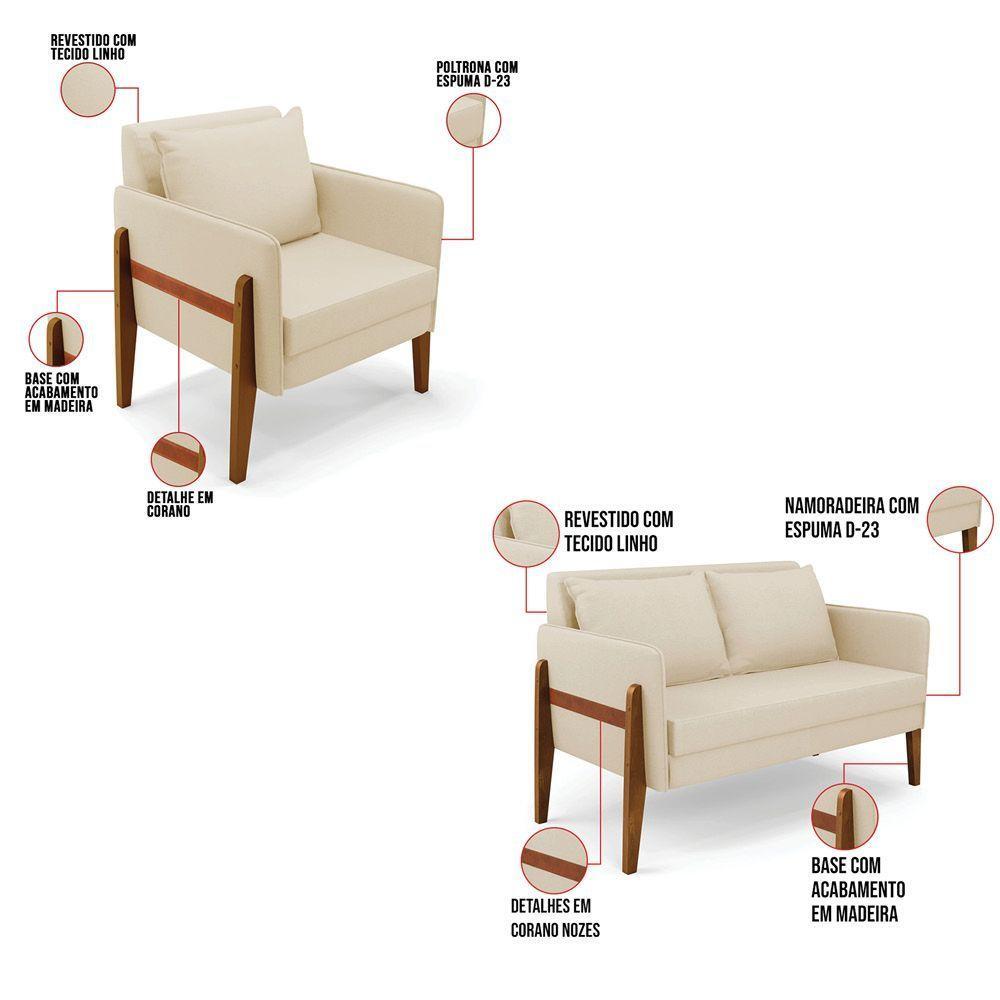 Kit 1 Sofá Namoradeira E 2 Poltronas Lana Linho Bege A19 Base De Madeira - D'rossi - 3