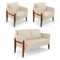 Kit 1 Sofá Namoradeira E 2 Poltronas Lana Linho Bege A19 Base De Madeira - D'rossi - 1