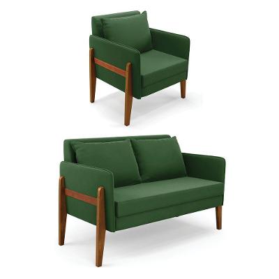 Kit 1 Sofá Namoradeira E 1 Poltrona Lana Suede Verde Base De Madeira - D'rossi