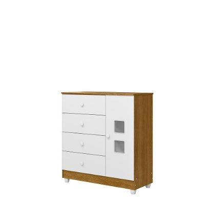 Cômoda Luiza 4 Gavetas 1 Porta MDF-MDP Puxador Plástico Branco e Ypê 94CM Ypê