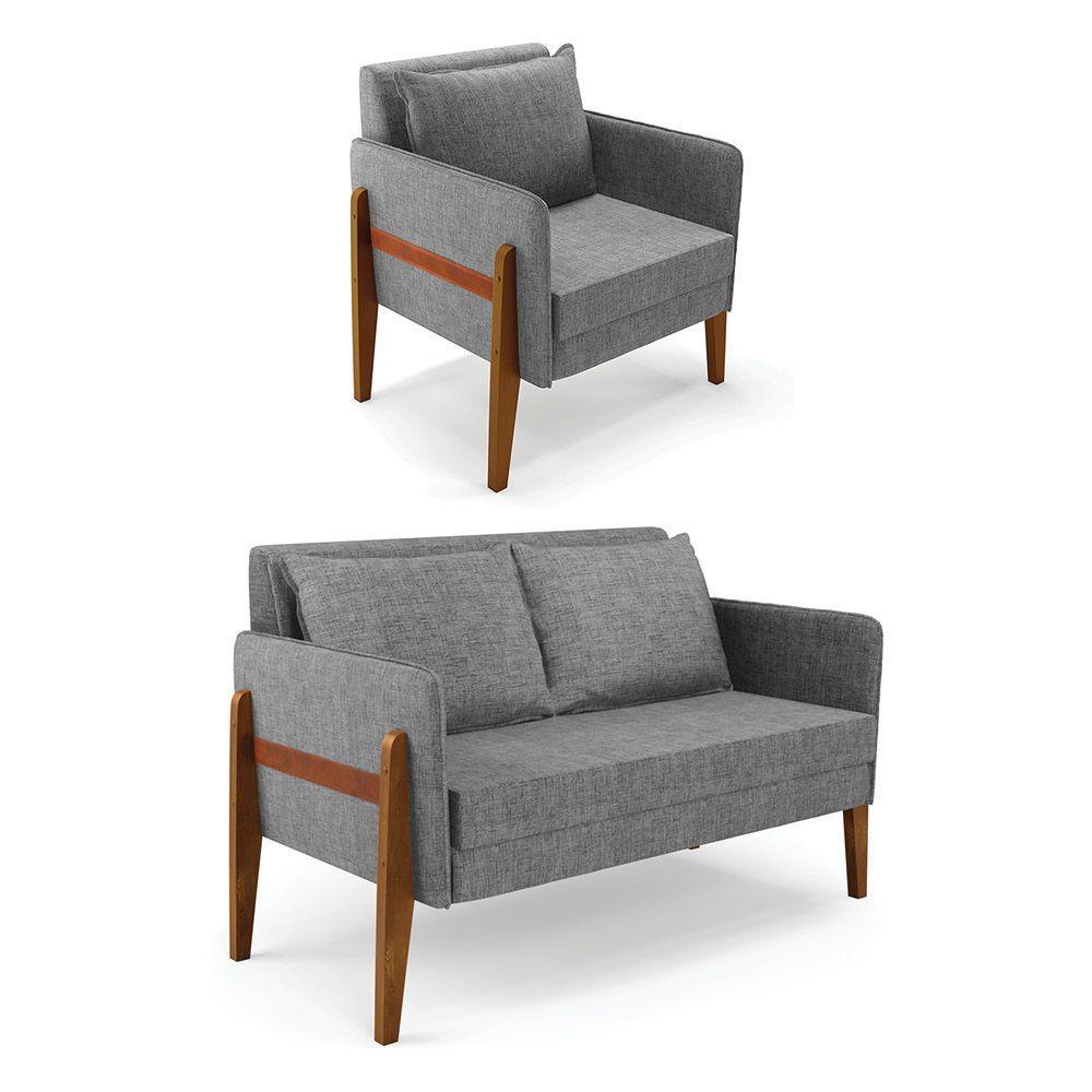 Kit 1 Sofá Namoradeira E 1 Poltrona Lana Linho Grafite A26 Base De Madeira - D'rossi - 1