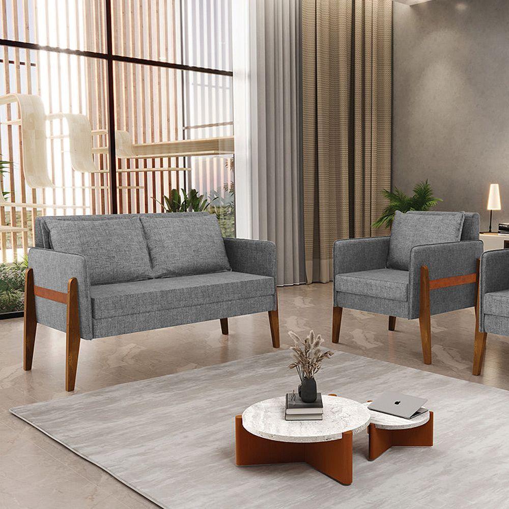 Kit 1 Sofá Namoradeira E 1 Poltrona Lana Linho Grafite A26 Base De Madeira - D'rossi - 6