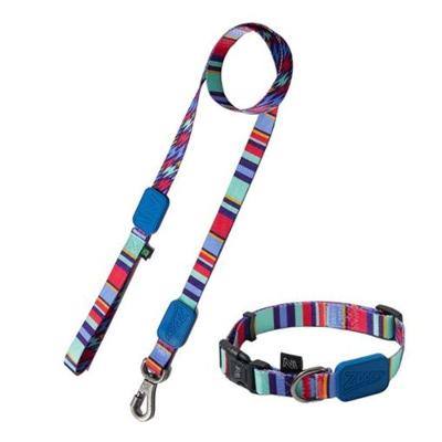 Coleira e Guia para Cães Raios e Listras Azul Ajustável para Porte Médio