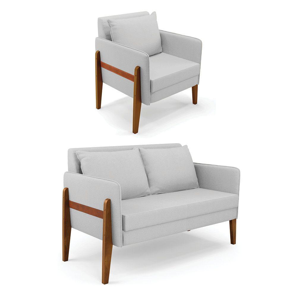 Kit 1 Sofá Namoradeira E 1 Poltrona Lana Linho Cinza A05 Base De Madeira - D'rossi - 1