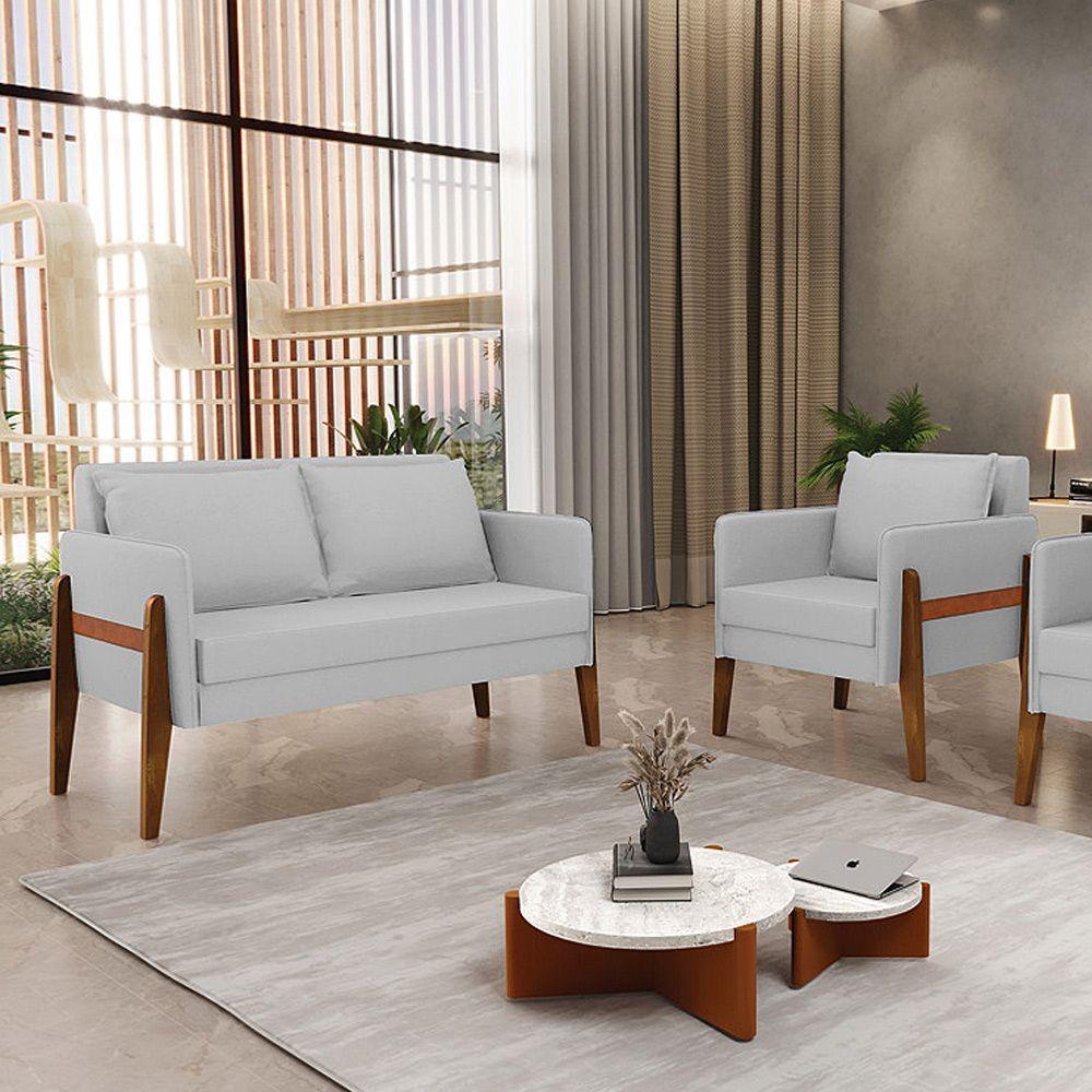 Kit 1 Sofá Namoradeira E 1 Poltrona Lana Linho Cinza A05 Base De Madeira - D'rossi - 7