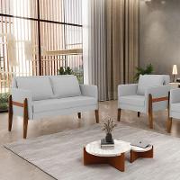 Kit 1 Sofá Namoradeira E 1 Poltrona Lana Linho Cinza A05 Base De Madeira - D'rossi - 7