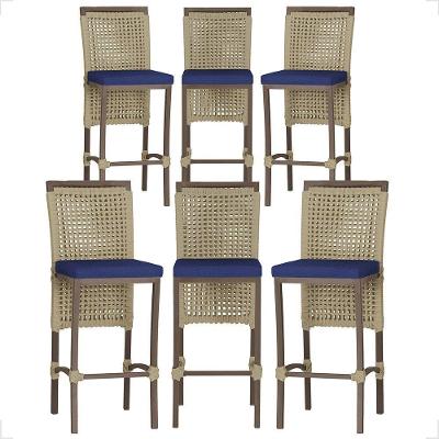 Kit 6 Banquetas Roma Alumínio Corda Náutica Assento Tecido Encosto Fixo Marrom