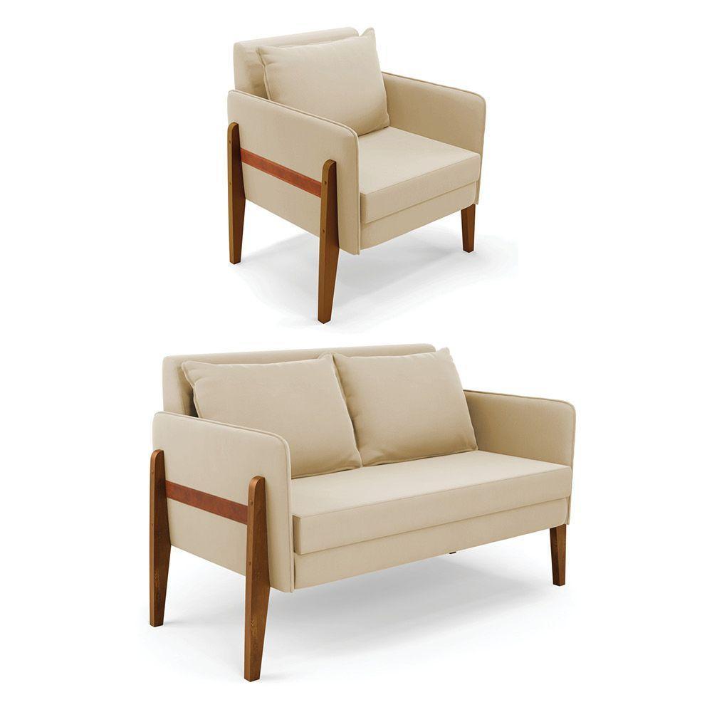 Kit 1 Sofá Namoradeira E 1 Poltrona Lana Suede Bege Base De Madeira - D'rossi - 1