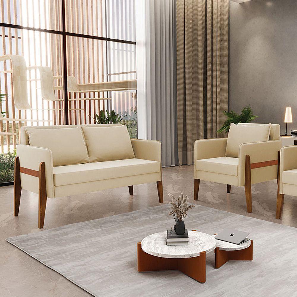 Kit 1 Sofá Namoradeira E 1 Poltrona Lana Suede Bege Base De Madeira - D'rossi - 8