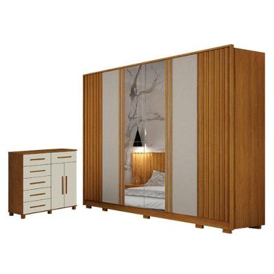 Guarda Roupa Casal com Cômoda Evo 6 Portas de Bater com Espelho 6 Gavetas MDF MDP Cinamomo Off-white