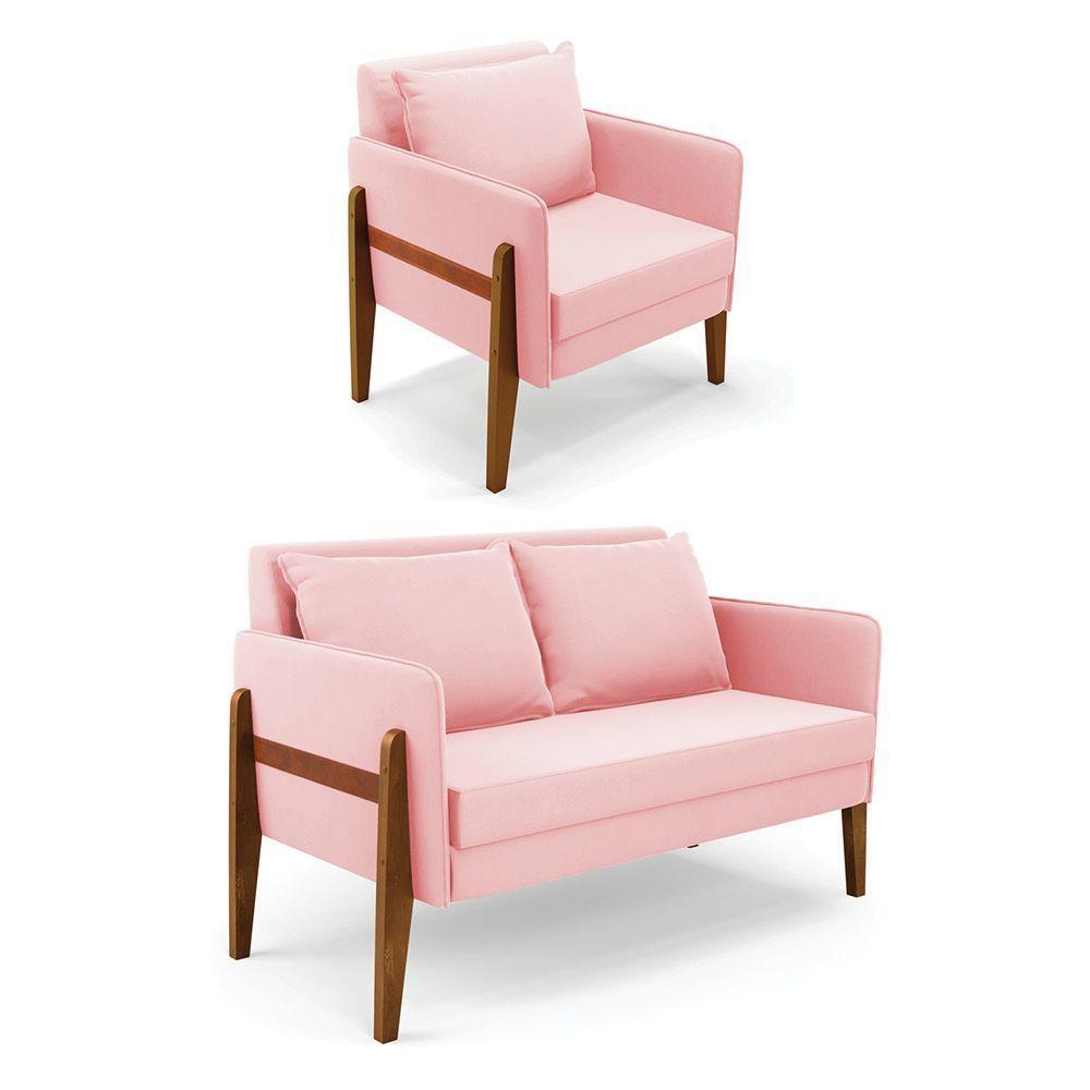 Kit 1 Sofá Namoradeira E 1 Poltrona Lana Suede Base De Madeira - D'rossi Cor Rosa Bebê - 1