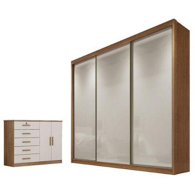 Guarda Roupa Casal Logan com Cômoda Seul 3 Portas 4 Gavetas MDF Cumaru 25 Fendi