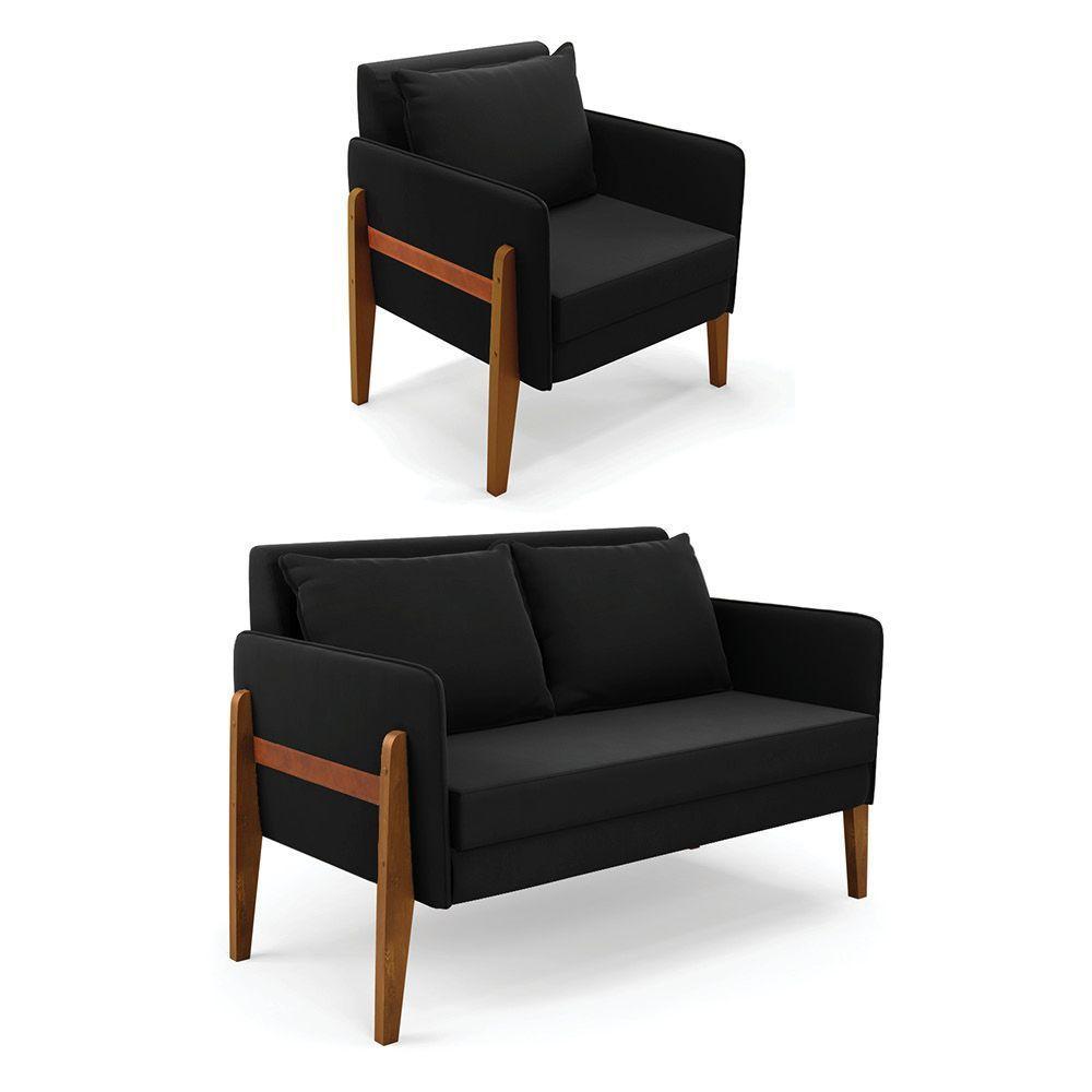 Kit 1 Sofá Namoradeira E 1 Poltrona Lana Suede Base De Madeira - D'rossi Cor Preto - 1