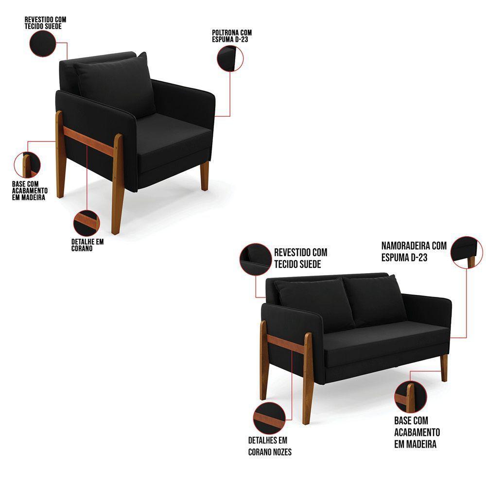 Kit 1 Sofá Namoradeira E 1 Poltrona Lana Suede Base De Madeira - D'rossi Cor Preto - 5