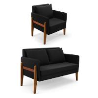 Kit 1 Sofá Namoradeira E 1 Poltrona Lana Suede Base De Madeira - D'rossi Cor Preto - 1