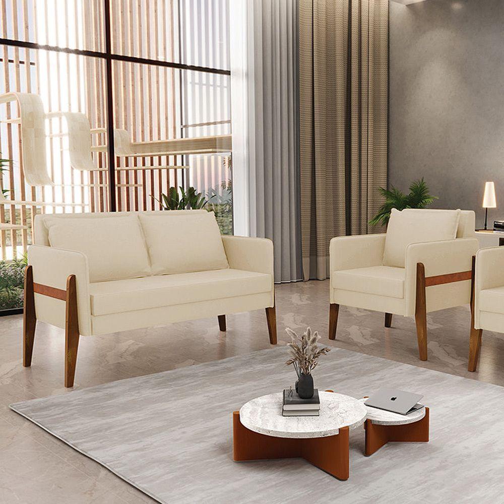 Kit 1 Sofá Namoradeira E 1 Poltrona Lana Linho Base De Madeira - D'rossi Cor A19 Bege - 9