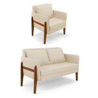 Kit 1 Sofá Namoradeira E 1 Poltrona Lana Linho Base De Madeira - D'rossi Cor A19 Bege - 1