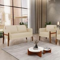 Kit 1 Sofá Namoradeira E 1 Poltrona Lana Linho Base De Madeira - D'rossi Cor A19 Bege - 14