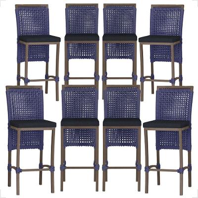 Kit 8 Banquetas Roma Tecido Base Fixa com Encosto Azul Trama Original
