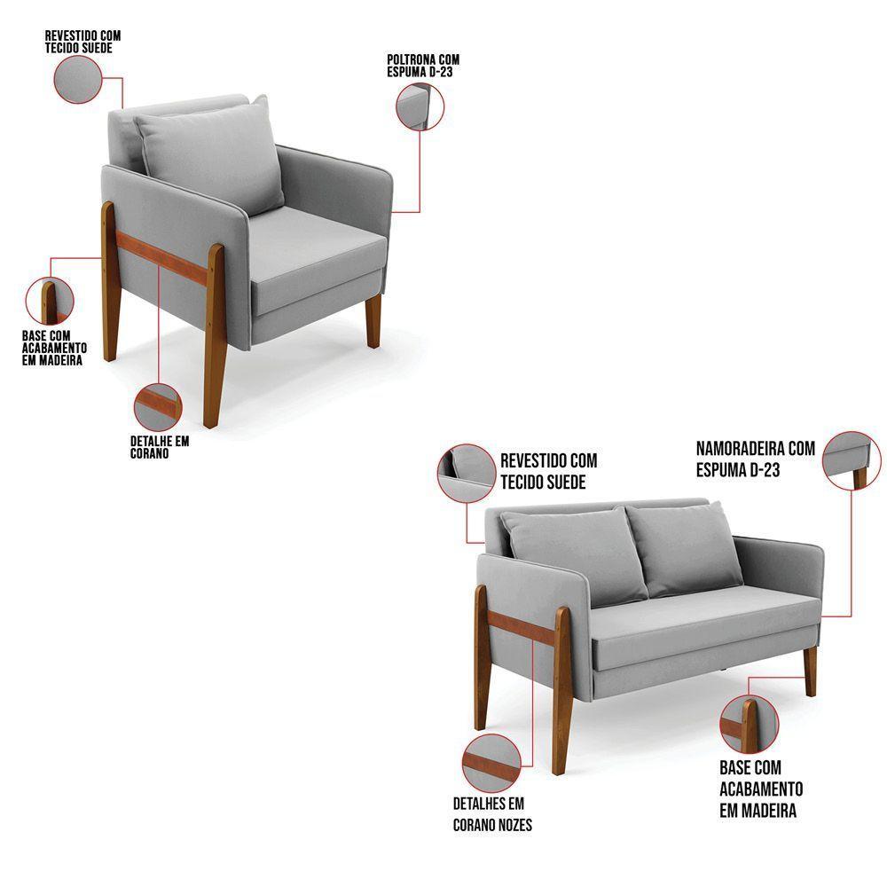 Kit 1 Sofá Namoradeira E 1 Poltrona Lana Suede Base De Madeira - D'rossi Cor Cinza - 5