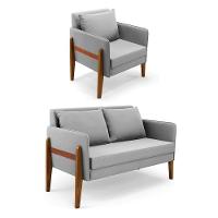 Kit 1 Sofá Namoradeira E 1 Poltrona Lana Suede Base De Madeira - D'rossi Cor Cinza - 1