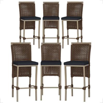 Kit 6 Banquetas Roma Alumínio Assento Tecido com Encosto Marrom Trama Original