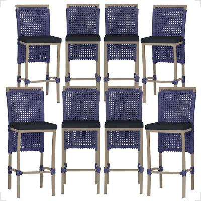 Kit 8 Banquetas Roma Alumínio Corda Náutica Tecido com Encosto Azul Trama Original