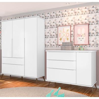 Conjunto Infantil Tina 3 Portas de Bater 2 Gavetas MDF Branco Semi Brilho Sallar Home