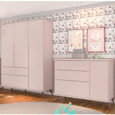 Conjunto Infantil Tina 3 Portas de Bater 2 Gavetas MDF Rose Semi Brilho Sallar Home