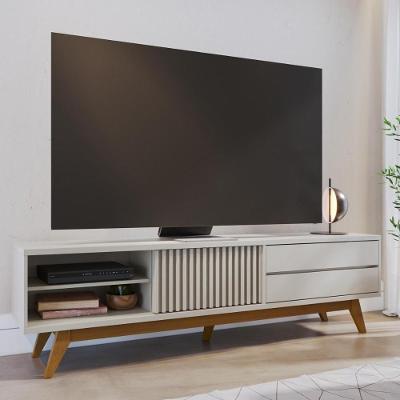Rack Bancada Veneza para TV 75" 200CM MDF MDP com Gavetas e Porta Correr Off White Colibri Móveis