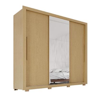 Guarda Roupa Casal Luna 3 Portas de Correr 4 Gavetas MDF MDP com Espelho Amadeirado Ypê 185.5CM