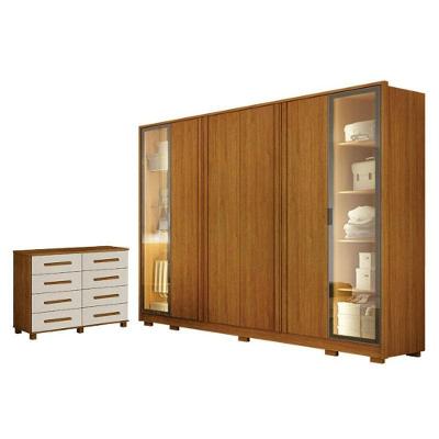 Guarda Roupa Casal Prime 6 Portas C/Led Cinamomo C/Cômoda San Marino 8 Gav Cinamomo Off white Leifer