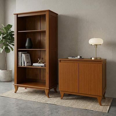Conjunto Livreiro Luiz Xv com Aparador Buffet Monterrey Retrô 2 Portas Madeira Maciça Castanho