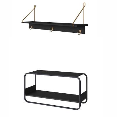 Kit Banco Sapateira Luna com Cabideiro Oslo 90cm MDP Nero Base Metal Preto Artesano Móveis